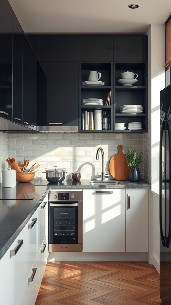 A modern black kitchen featuring smart storage solutions, including black cabinets and open shelving.