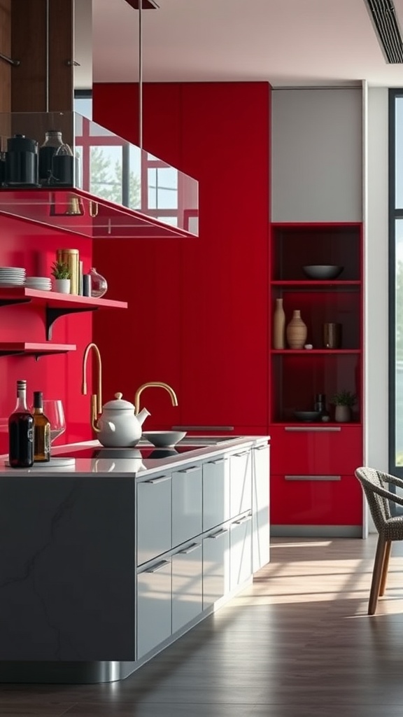 A modern kitchen featuring deep red walls and cabinetry with a sleek white island.