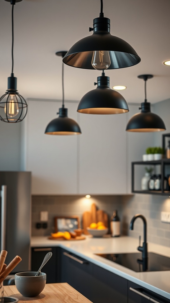 Stylish black lighting fixtures hanging in a modern kitchen.