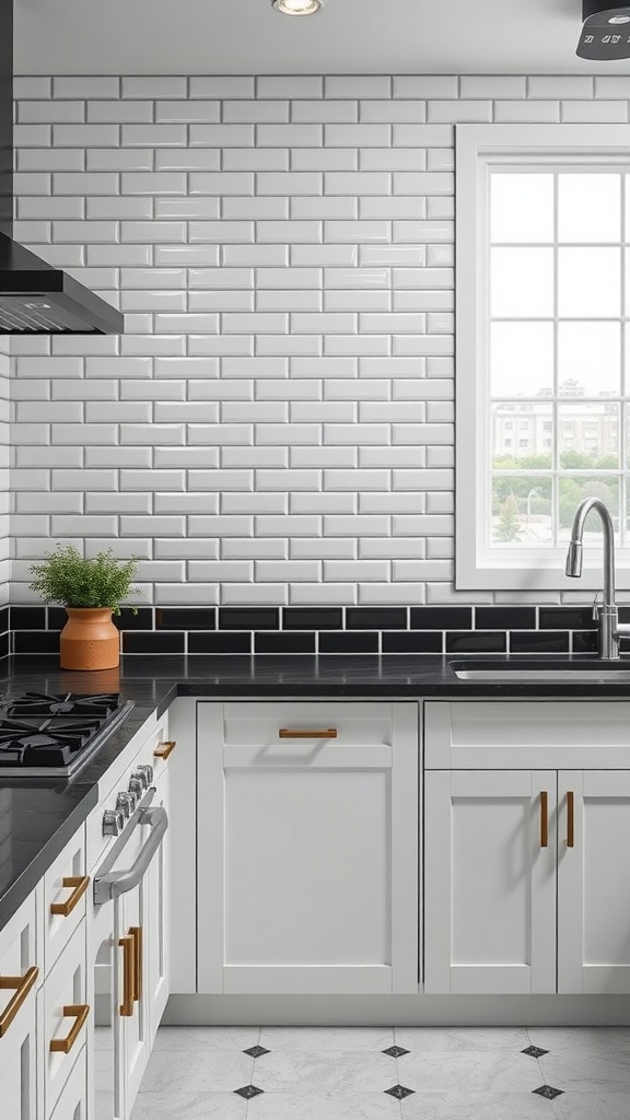 A modern kitchen featuring white subway tiles with black grout and a black countertop.