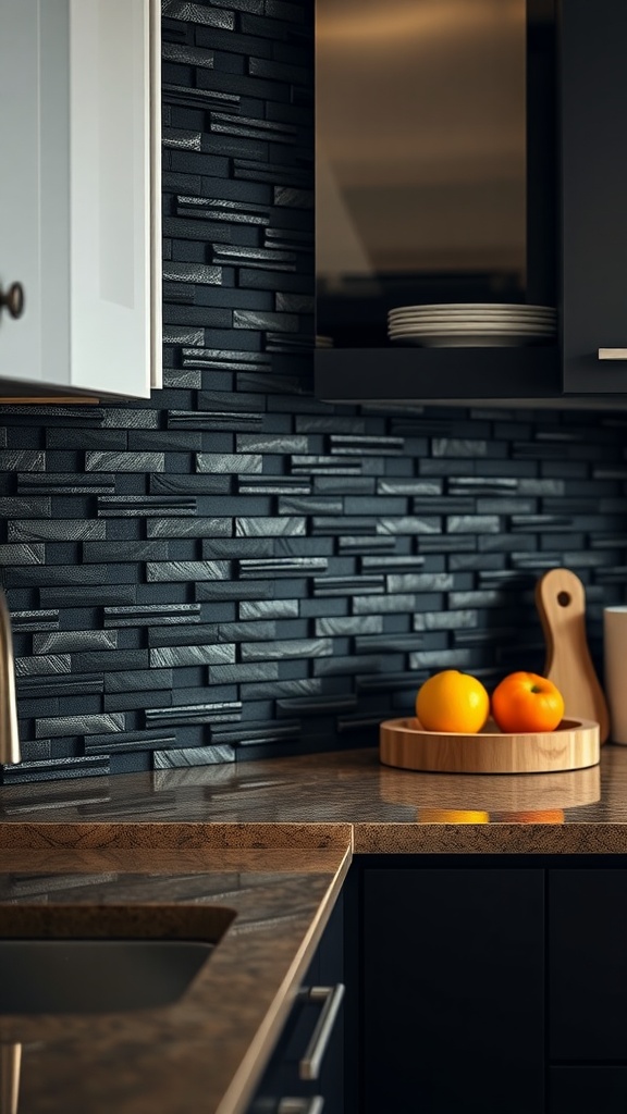 A black textured backsplash in a modern kitchen with a wooden countertop and bowl of oranges.