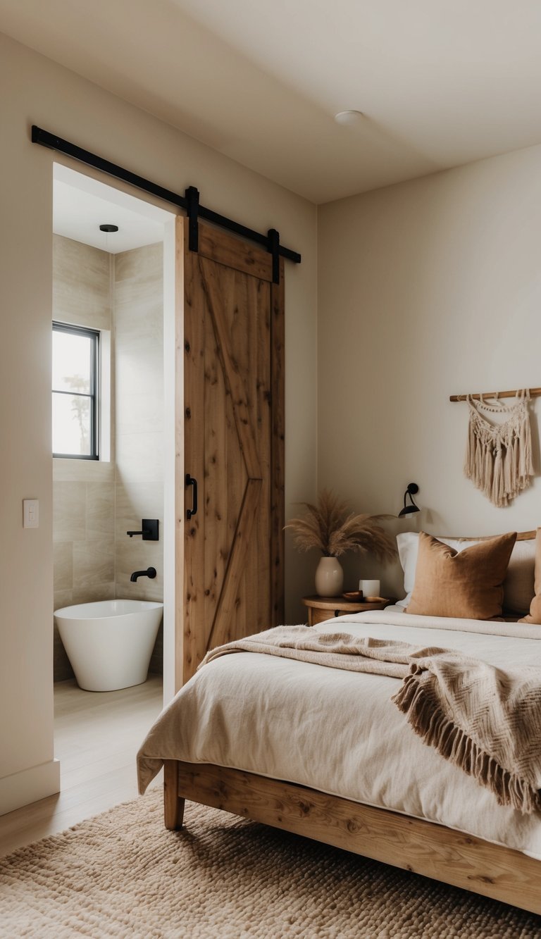 A cozy bedroom with a large, rustic wooden bed, neutral color palette, and natural textures. A sliding barn door leads to an en-suite bathroom