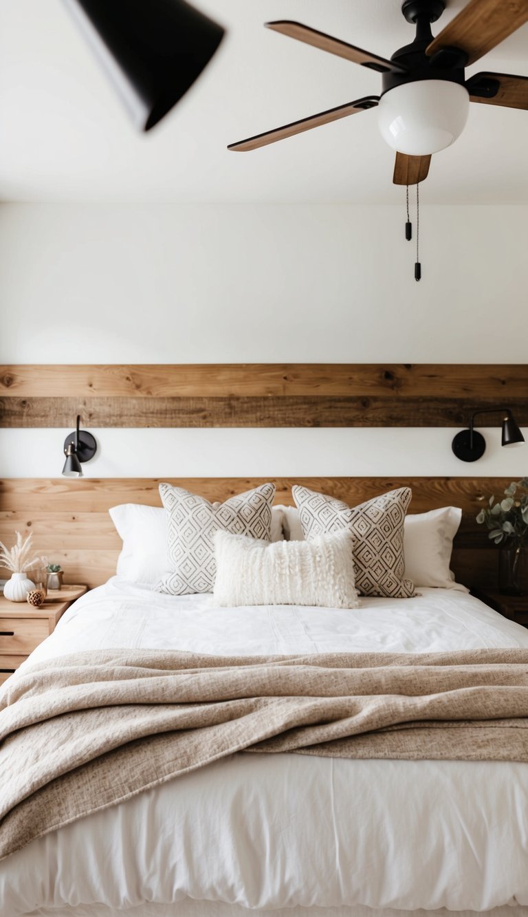 A cozy bedroom with white walls, natural wood accents, and modern farmhouse decor