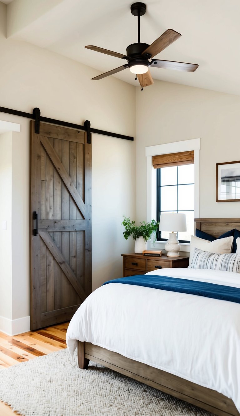 A cozy bedroom with a modern farmhouse aesthetic. Sliding barn doors add rustic charm to the space