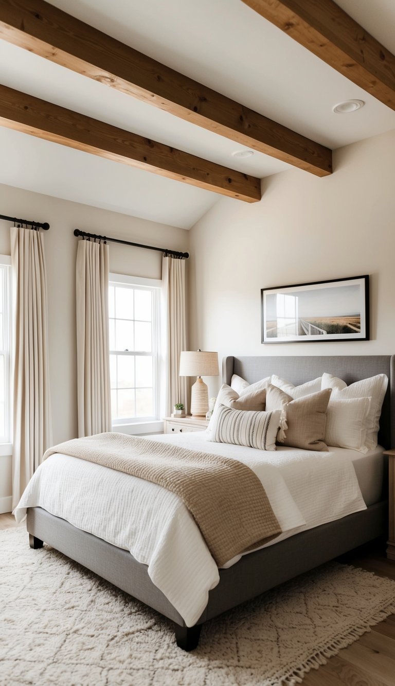 A cozy bedroom with exposed wooden beams, a neutral color palette, and modern farmhouse decor