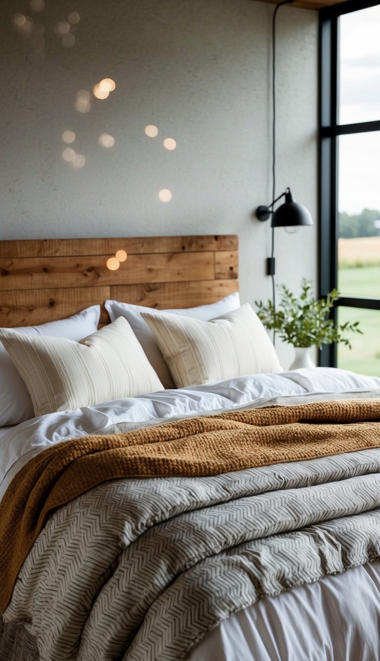 A cozy, modern farmhouse bedroom with layered bedding for extra comfort