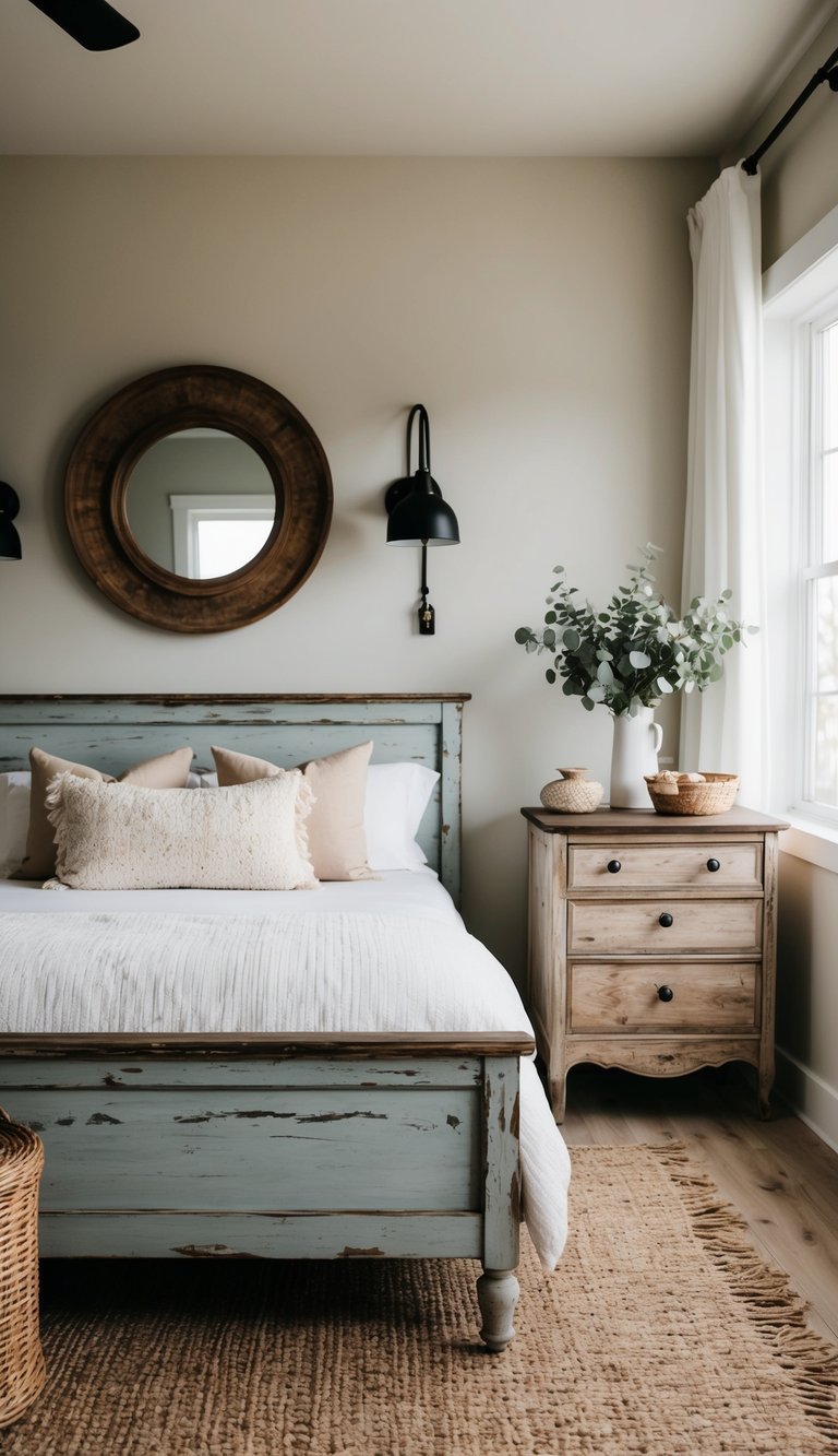 A cozy modern farmhouse bedroom with vintage furniture pieces, including a distressed wooden bed frame, a weathered dresser, and rustic nightstands