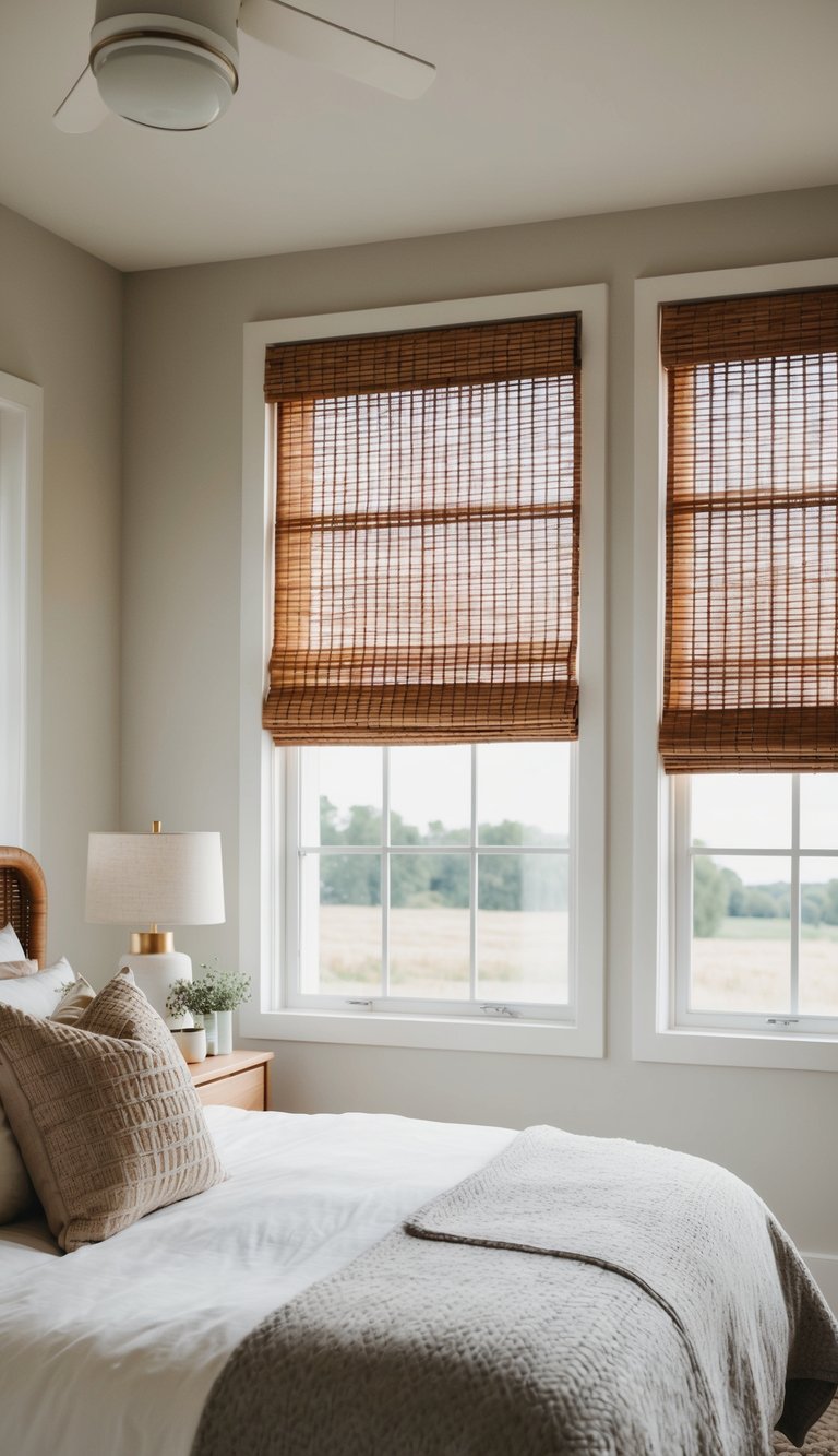 A cozy bedroom with rattan Roman shades, modern farmhouse decor, and natural light streaming in through the windows