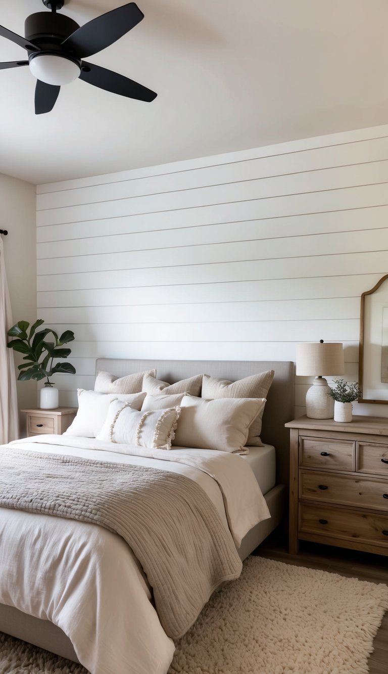 A cozy modern farmhouse bedroom with shiplap walls, a plush bed with neutral bedding, a rustic wooden dresser, and a soft area rug