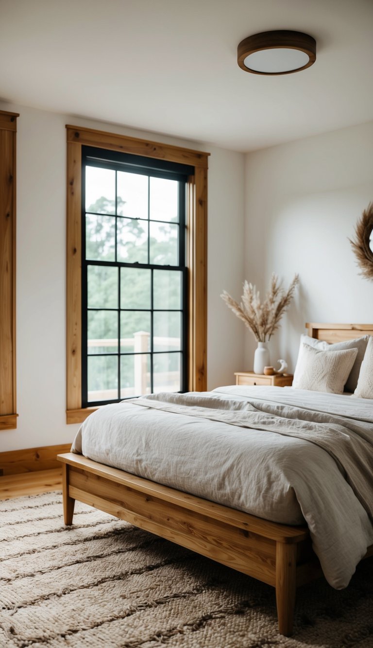 A cozy bedroom with a wooden bed frame, linen bedding, and natural decor. Large windows let in plenty of natural light