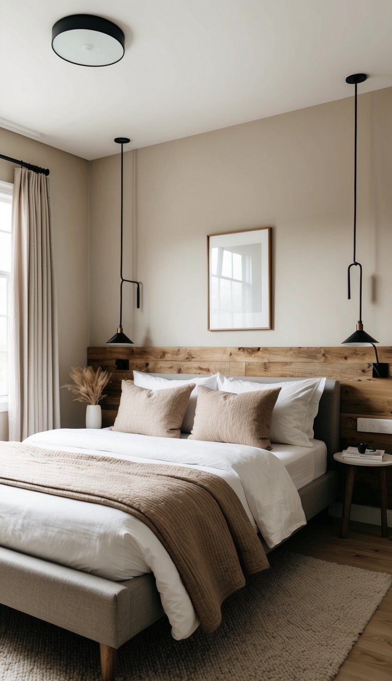 A cozy bedroom with neutral tones, rustic wood accents, and modern minimalist furniture. Subtle pops of muted color add warmth to the space