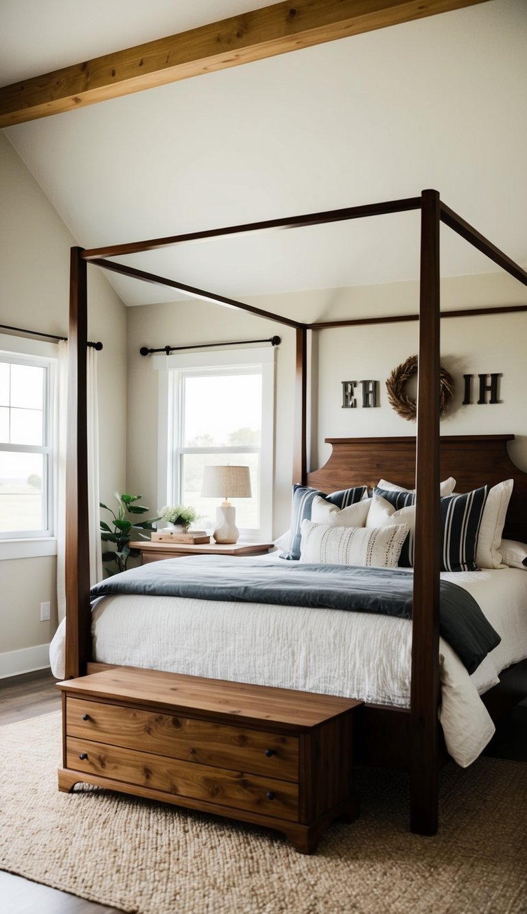 A mahogany four-poster bed sits in a modern farmhouse bedroom, surrounded by rustic decor and natural light