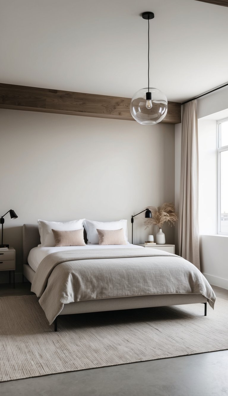 A spacious bedroom with minimalistic furniture and neutral color palette, featuring a mix of modern and rustic elements