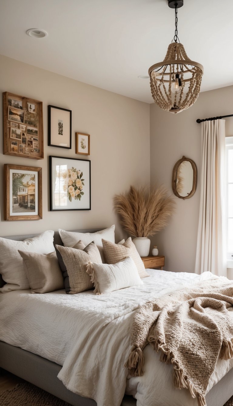 A cozy bedroom with flea-market artwork adorning the walls, a mix of modern and farmhouse decor, warm neutral tones, and natural textures