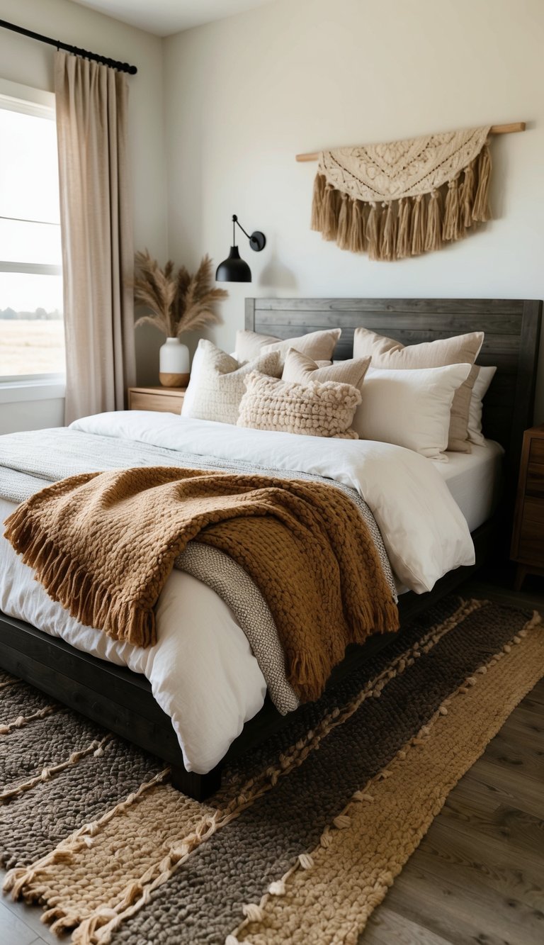 A cozy modern farmhouse bedroom with layered rugs for warmth, featuring a mix of textures and earthy tones