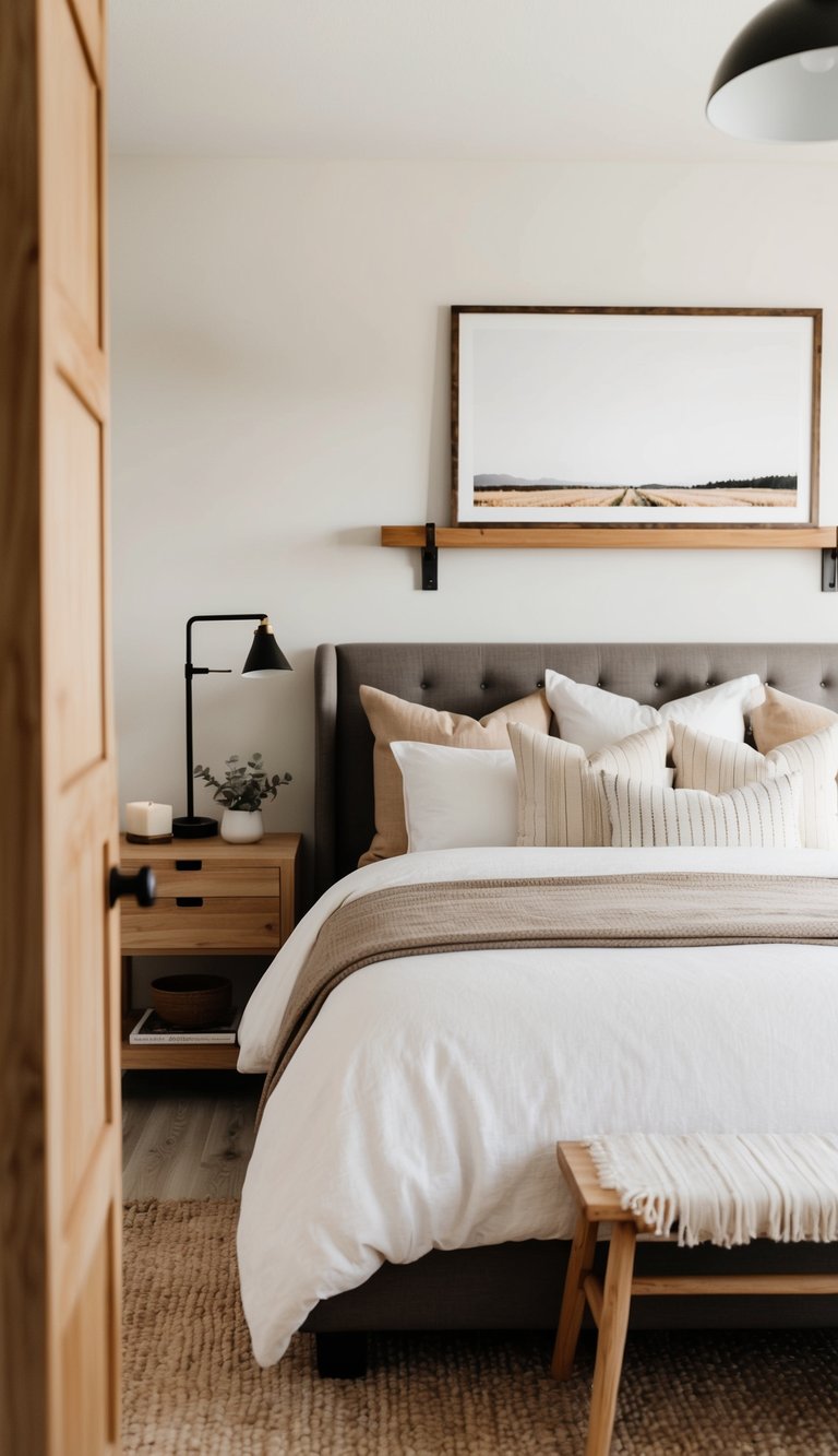 A cozy modern farmhouse bedroom with neutral fabric colors, natural wood accents, and minimalist decor