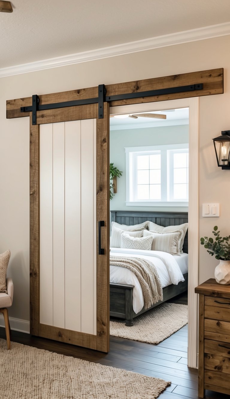 A cozy bedroom with a sliding barn door, rustic wood accents, and modern farmhouse decor