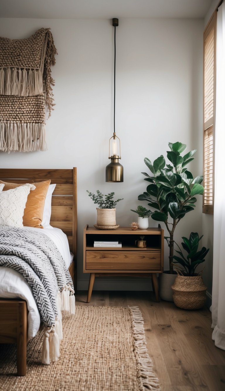 A cozy bedroom with wooden furniture, woven blankets, and potted plants. A mix of rustic and modern decor creates a warm and inviting atmosphere