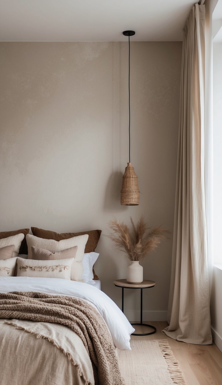 A cozy bedroom with soft, neutral tones. A mix of modern and rustic elements, with natural textures and minimalistic decor