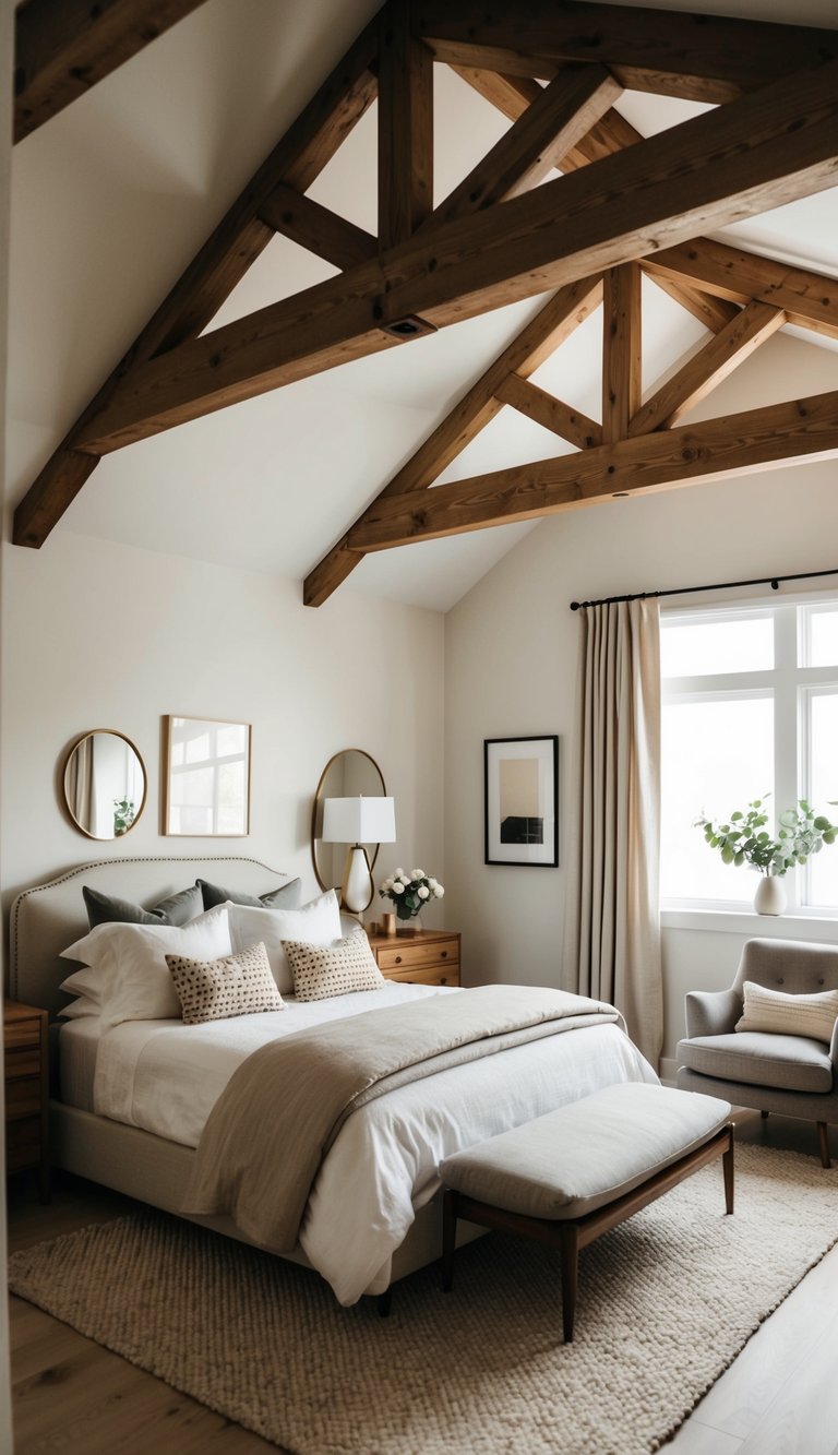 A cozy bedroom with exposed wooden beams, a mix of vintage and contemporary furniture, and a neutral color palette with pops of modern accents