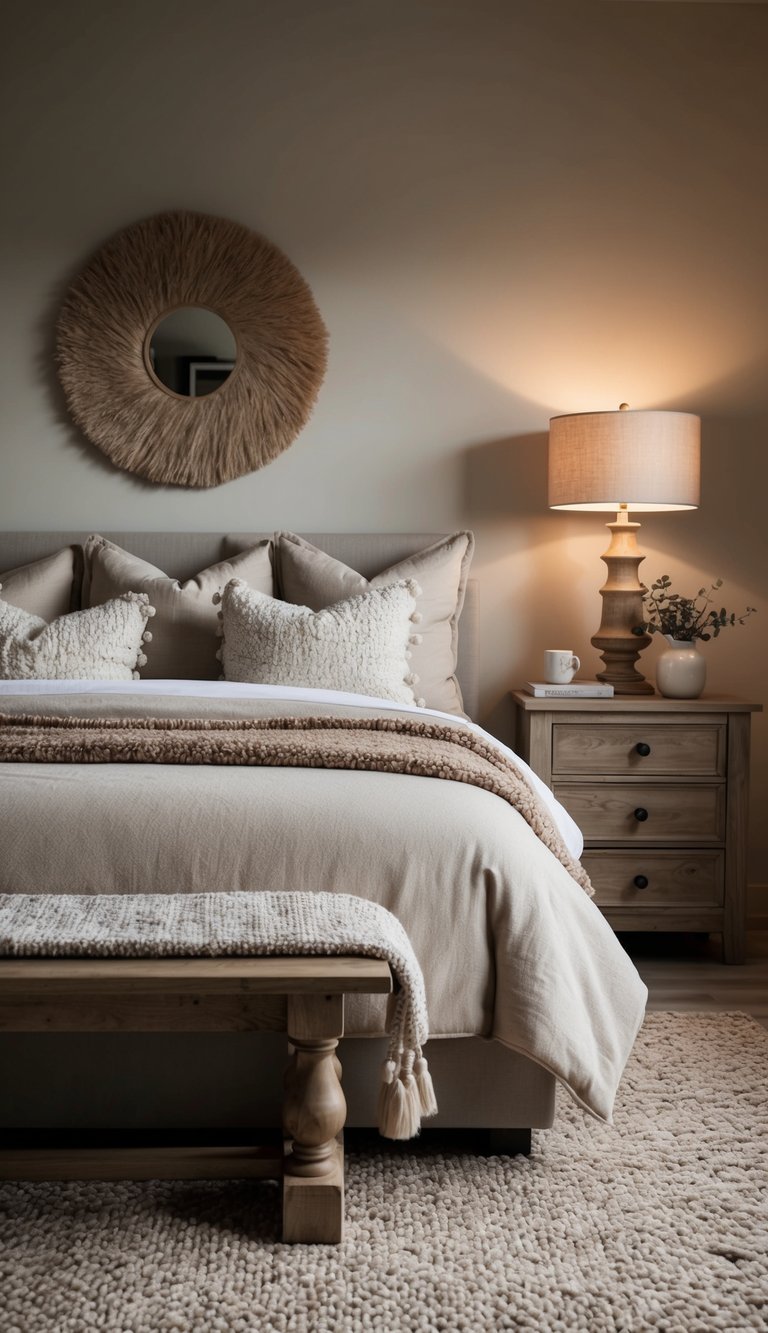 A warm, neutral-toned bedroom with a plush bed, rustic wooden furniture, soft lighting, and textured textiles creates a cozy, inviting atmosphere