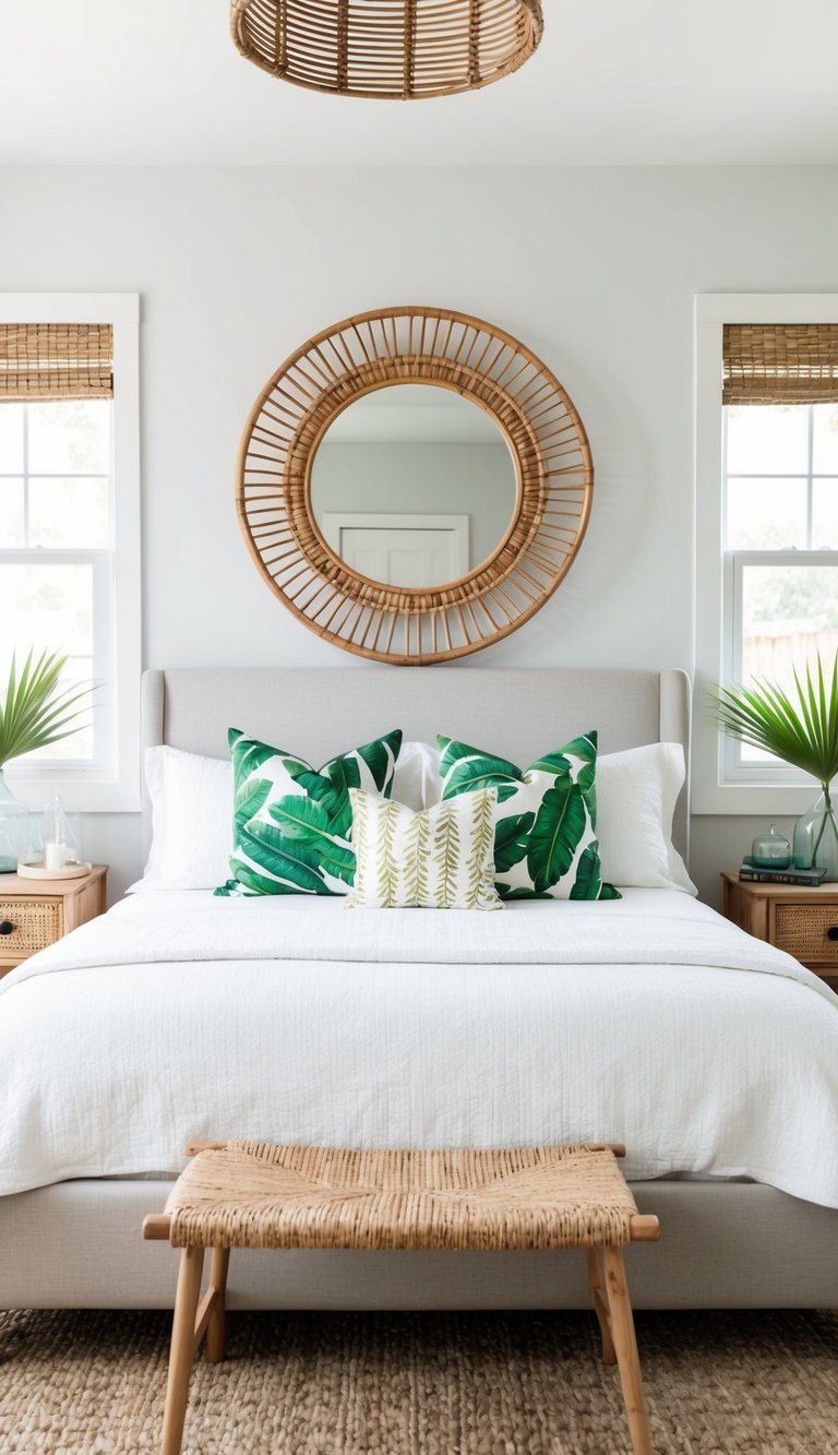 A modern farmhouse bedroom with tropical accessories: rattan mirror, palm leaf print pillows, and a woven jute rug