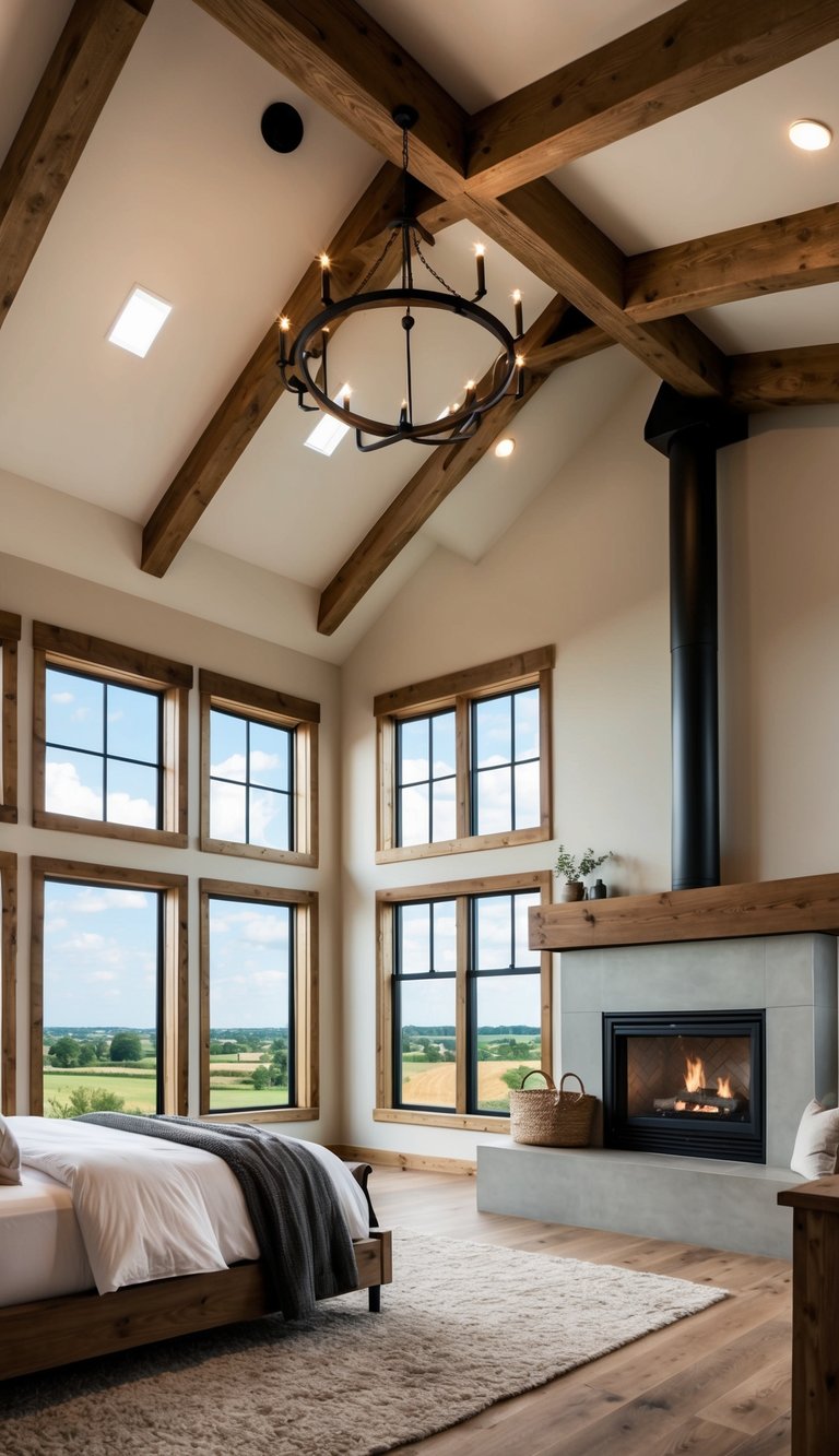 A spacious modern farmhouse bedroom with exposed wood beams, a cozy fireplace, and large windows overlooking a scenic countryside