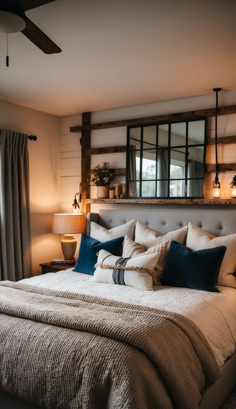 A cozy modern farmhouse bedroom with plush bedding, warm lighting, and rustic decor