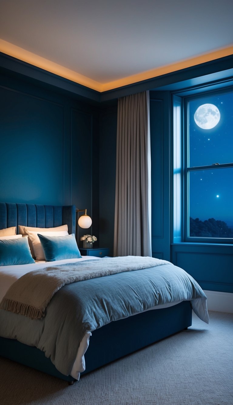 A cozy bedroom with deep blue walls, soft lighting, and plush bedding. A large window lets in moonlight, casting a tranquil glow over the room