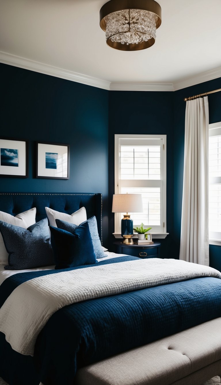 A cozy bedroom with rich navy walls, adorned with dark blue decor and soft lighting