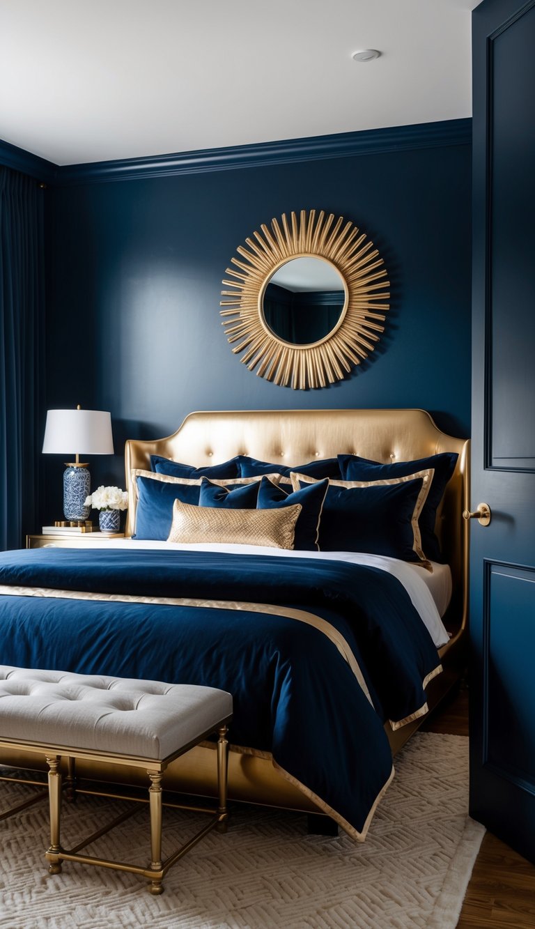 A luxurious bedroom with gold and navy accents, featuring dark blue walls, plush bedding, and elegant metallic details