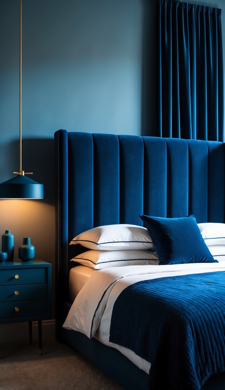 A dark blue velvet headboard stands against a moody bedroom backdrop, accented with deep blue decor and soft lighting