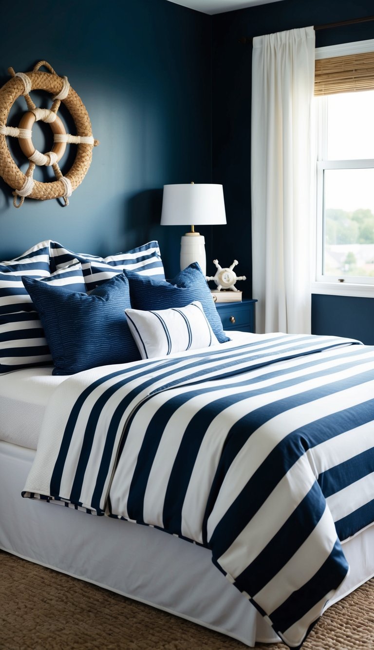 A cozy bedroom with navy and white striped bedding, dark blue walls, and nautical decor