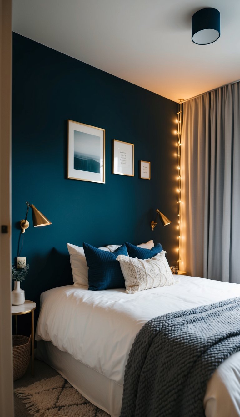 A cozy bedroom with a dark blue accent wall, adorned with soft, ambient lighting and minimalist decor