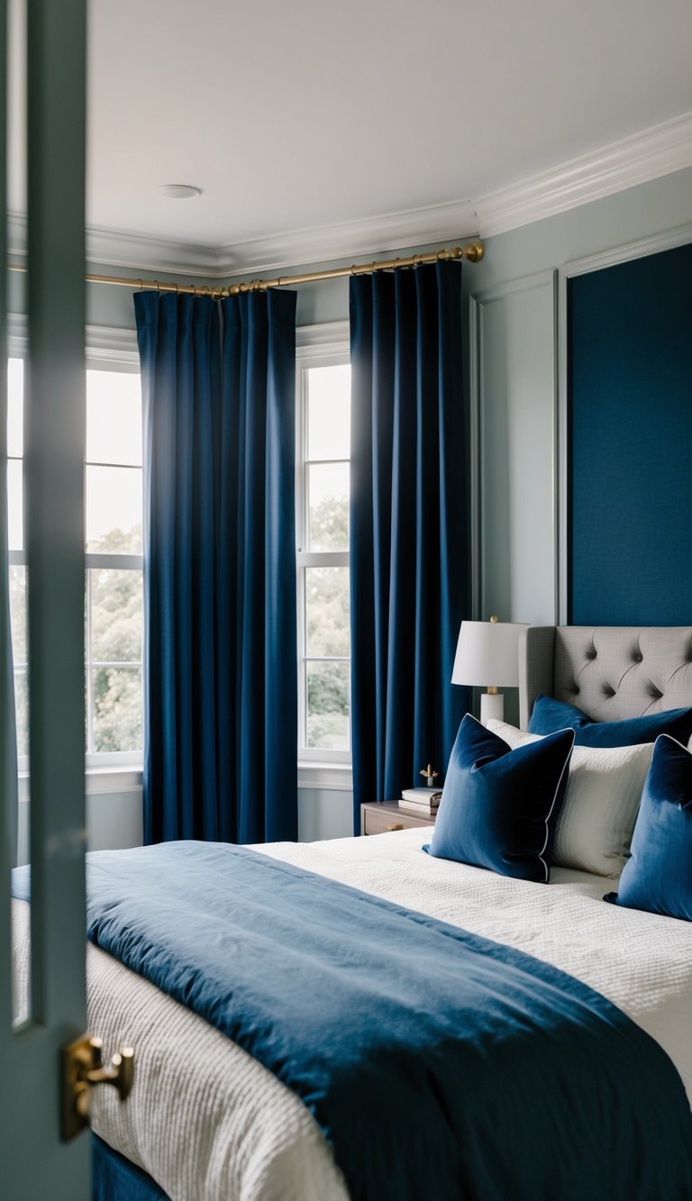 A cozy bedroom with navy blue curtains, a plush bed, and dark blue accents throughout