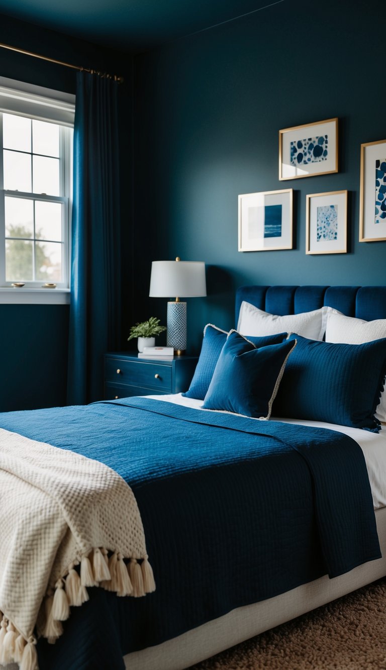 A cozy bedroom with an indigo bedspread, dark blue walls, and matching decor