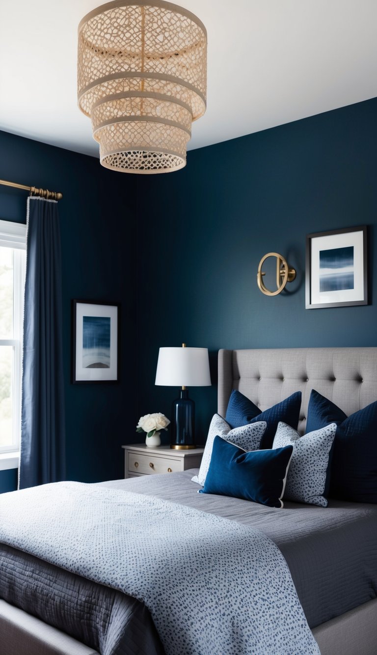 A cozy bedroom with navy and gray decor. Dark blue walls, gray bedding, and navy accents create a serene and sophisticated atmosphere