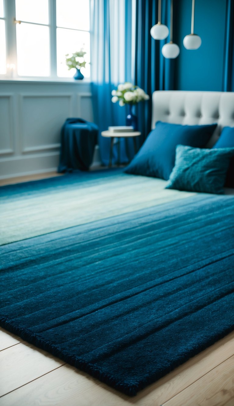 A dark blue ombre rug lies in the center of a serene bedroom, surrounded by deep blue accents and soft lighting