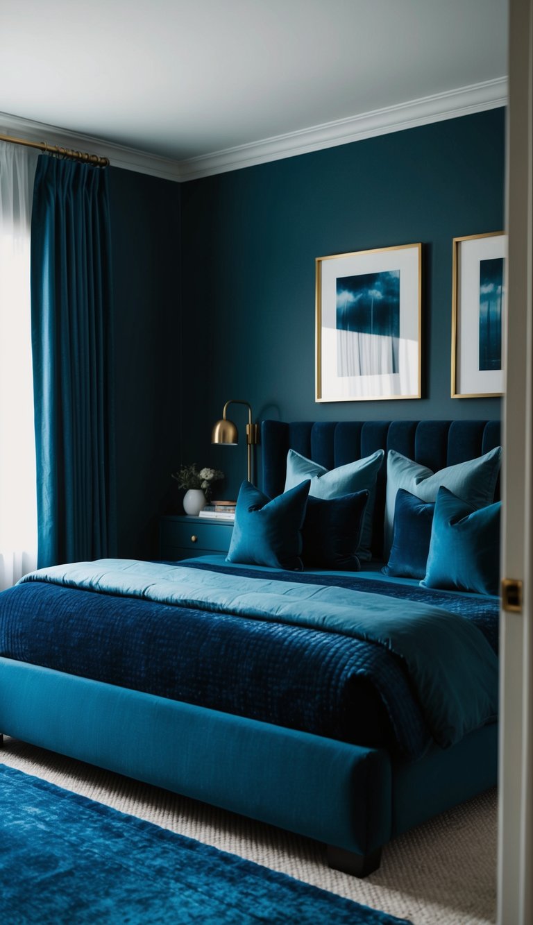 A cozy dark blue bedroom with sapphire throw pillows on a plush bed, accented with matching curtains and a deep blue rug