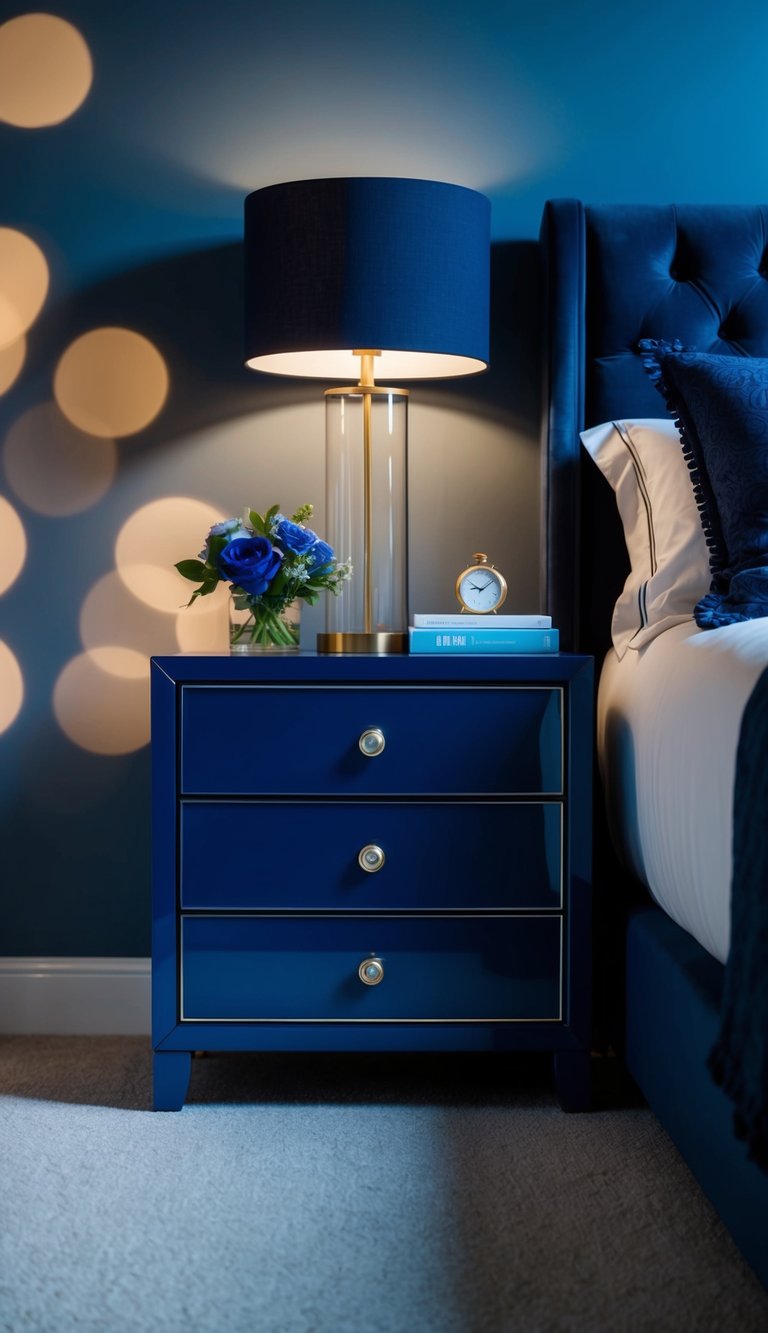 A deep blue nightstand sits in a dimly lit bedroom, surrounded by dark blue accents and soft, ambient lighting