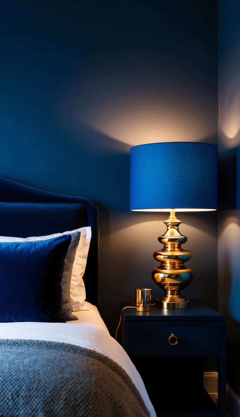 Two elegant blue and gold lamps illuminate a cozy dark blue bedroom, creating a warm and inviting atmosphere