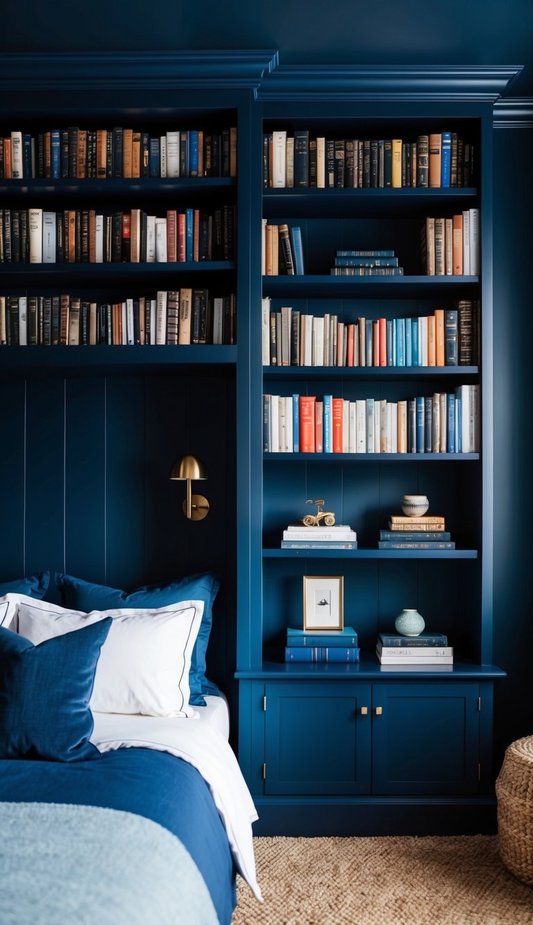 A dark blue bedroom with a navy bookcase filled with books and decorative items. The room is cozy and inviting, with a serene and calming atmosphere