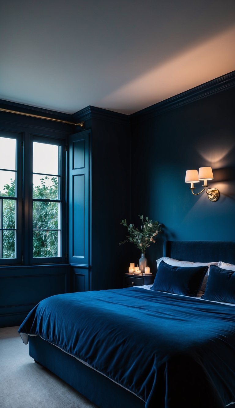 A dark blue bedroom with deep navy walls, a cozy velvet bedspread, and dimly lit sconces casting a moody, serene atmosphere