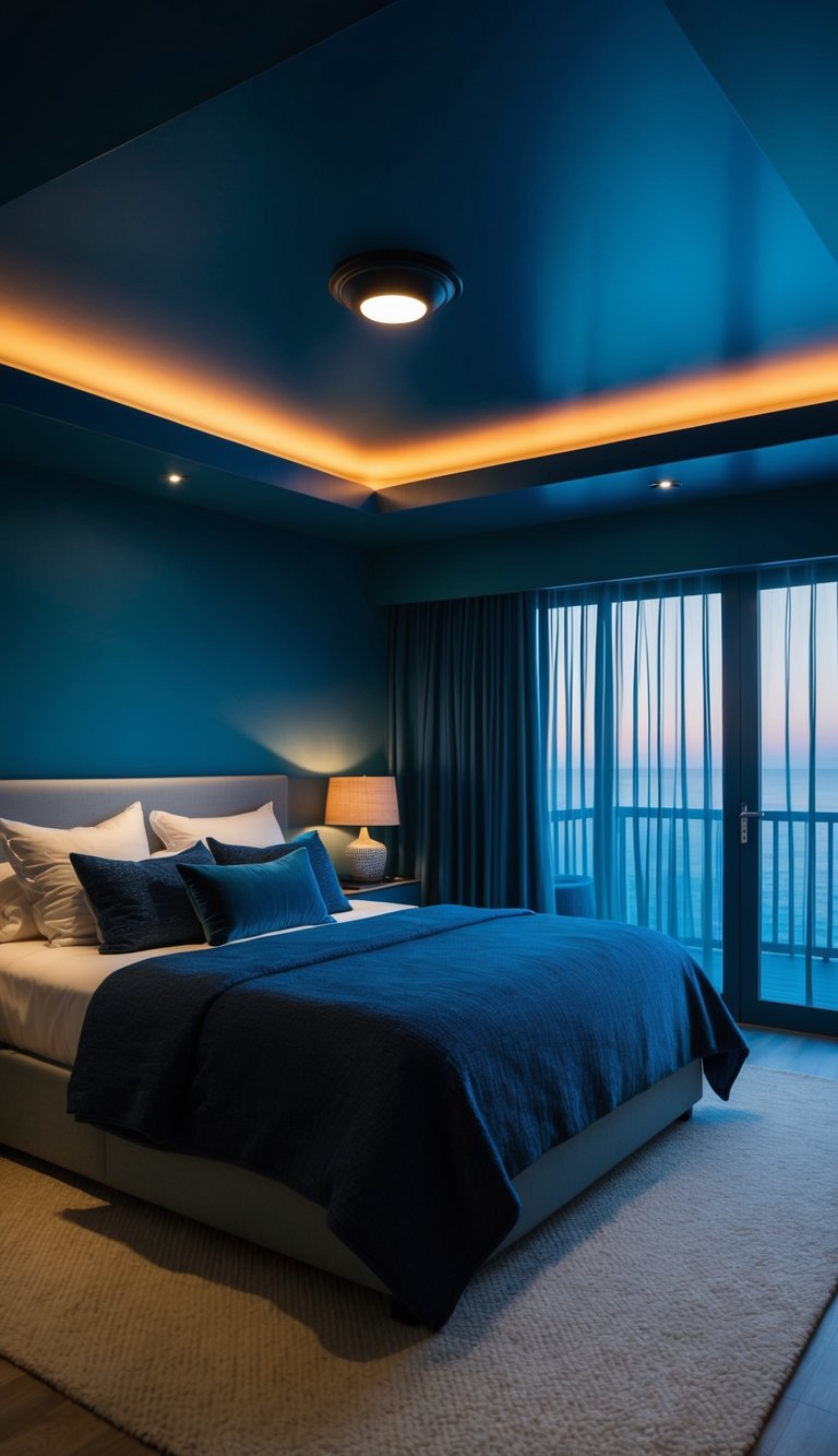 A dark blue ceiling with soft, ambient lighting illuminating a tranquil bedroom with cozy, deep blue decor