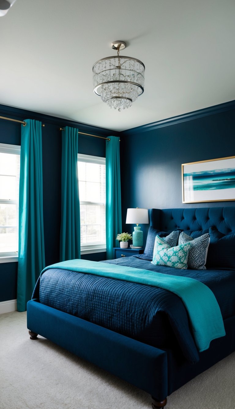 A cozy bedroom with navy blue walls and teal accents. A plush bed with dark blue bedding and a teal throw blanket. Teal curtains and navy blue furniture complete the look