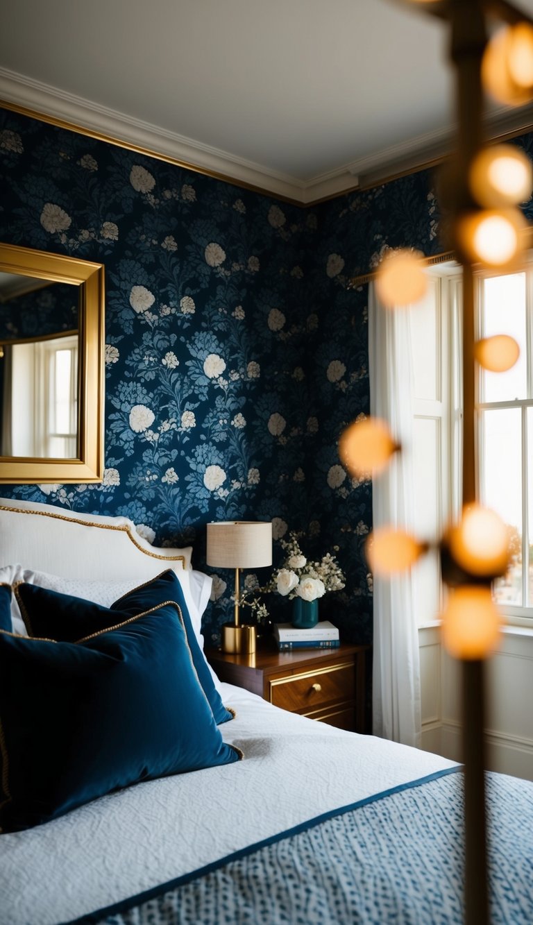 A cozy bedroom with dark blue floral wallpaper, accented with gold trim. The room is illuminated by soft, warm light, creating a tranquil and inviting atmosphere