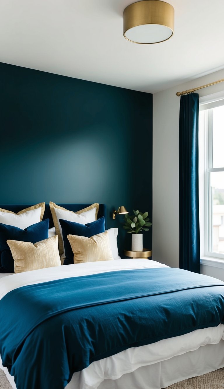 A cozy bedroom with matte navy walls, deep blue bedding, and accents of gold and white. A large window lets in natural light, casting a serene glow over the room