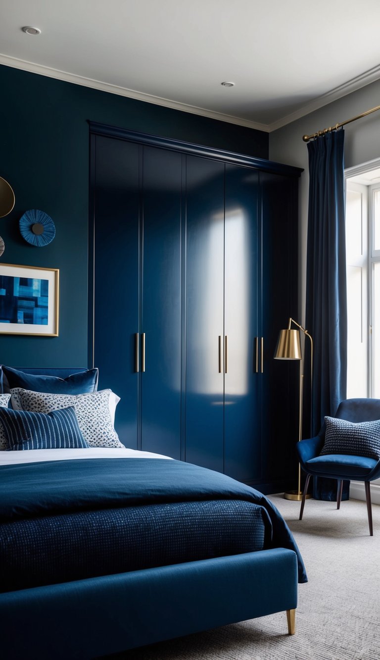 A dark blue bedroom with a sleek navy wardrobe, featuring 21 ideas for decor and design