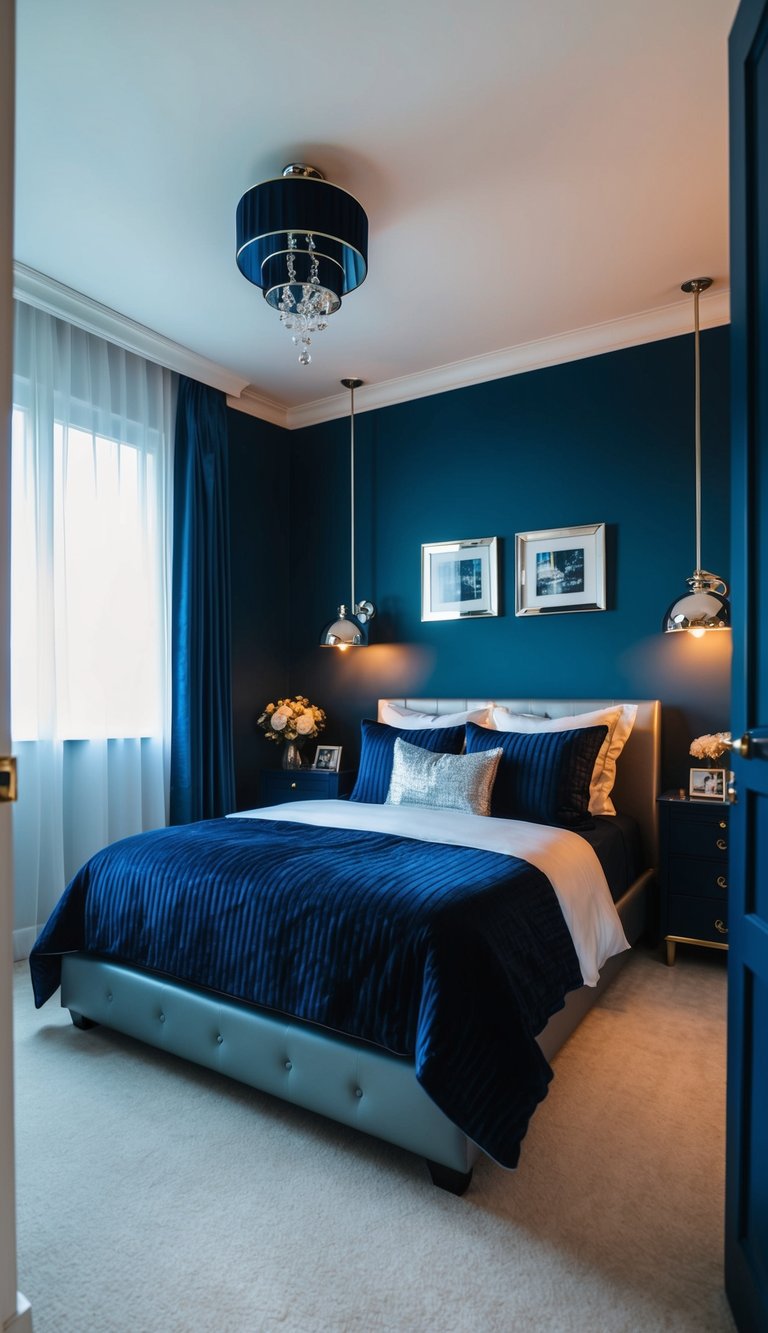 A dark blue bedroom with silver accents and modern decor