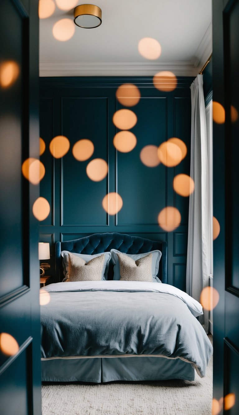 A cozy bedroom with dark blue paneling, a plush bed, and soft lighting